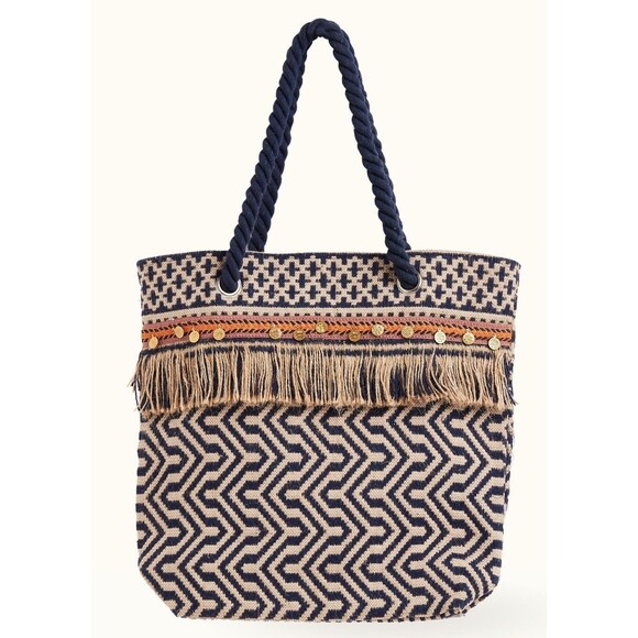 C&C California Beach Tote Shoulder Bag Woven Jute Tassel Navy Ivory Bohemian NWT - Picture 10 of 12